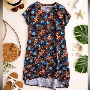 Lands’ End Tropical Floral Dress Woman LP Large Blue Orange A-Line Casual Summer